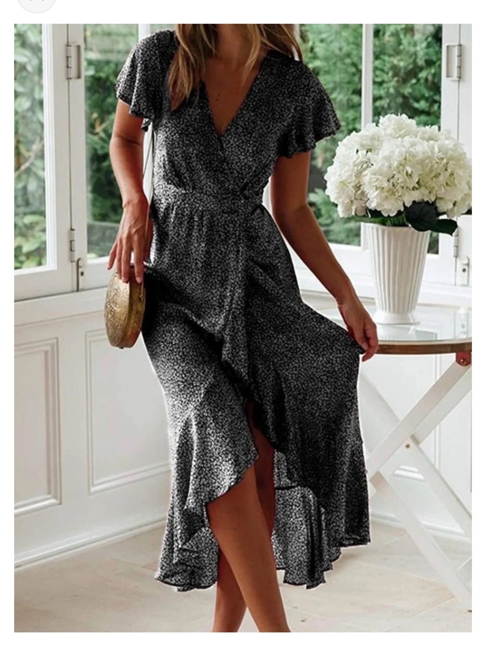 Black Ditsy Wrap Midi Dress with Flutter Sleeves